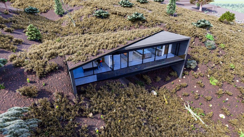 Aerial View of Passively Designed Home Set into Hillside in Fort Collins