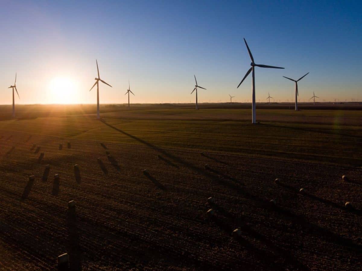 Windmills on a wind farm at sunset near Fort Collins