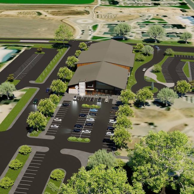 Aerial rendering of site plan showing the building, parking lots, and adjacent tennis courts