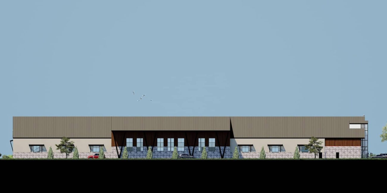 Side elevation rendering showing rhythm of windows and stone base detail
