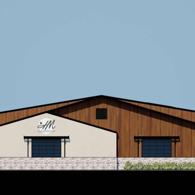 Front elevation rendering of the tennis center with logo and two large garage doors