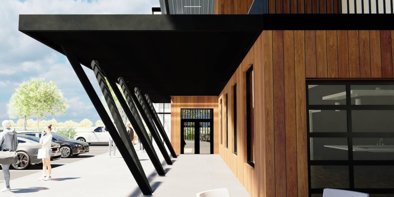 Close-up rendering of main entrance with angled steel columns and wood cladding